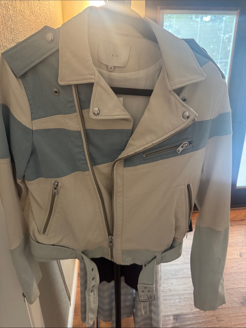 IRO Two-Tone Light Blue and Cream Leather Bomber Jacket